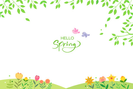 Hello Spring lettering with floral frame on white background. Vector illustration.のイラスト素材