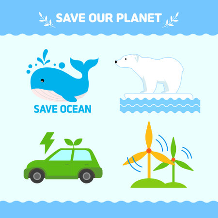 Save the planet, save the ocean, save the planet, save the ocean, save the earth vector illustrationのイラスト素材