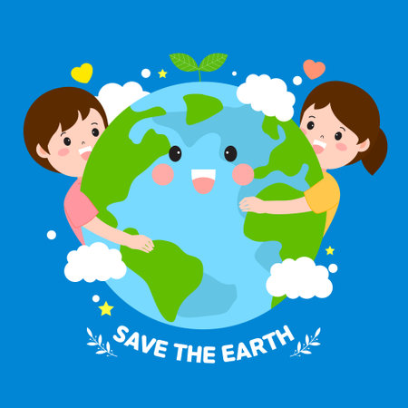Save the Earth concept. Kids holding Earth planet. Vector illustration.のイラスト素材