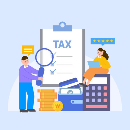 Tax payment concept. Vector illustration in flat style. People pay tax with magnifier.のイラスト素材