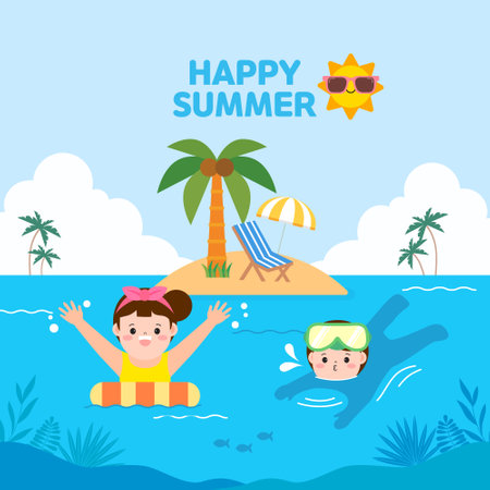 Happy summer vector illustration. Cute cartoon kids swimming in the sea. Vector illustrationのイラスト素材