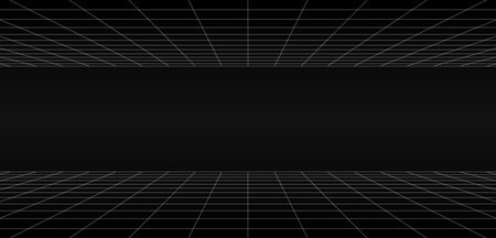 Empty futuristic digital horizontal gap grey-black background with white grid space line color surface. Network cyber technology. banner, cover, terrain, sci-fi, wireframe, and related to background.のイラスト素材
