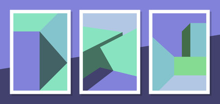 Set of minimalist architecture building shape green-purple color. Minimal modern posters, forms of wall art, print art, digital art, architecture, and everything related to decoration.のイラスト素材