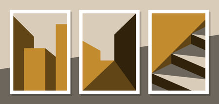 Architectural buildings show what makes a beautiful 'sunshine' shadow appear yellowish-brown shadow. Minimal modern posters, wall art, print art, digital art, architecture, and decoration.のイラスト素材