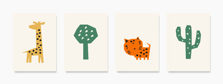 Animal-themed wall art, featuring charming creatures such as giraffes and cheetahs. This set of cute cards, posters, and greeting cards featuring animals is perfect for decorating kids roomsのイラスト素材
