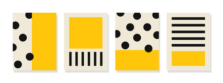 Playful arrangement of vibrant yellow and bold black shapes and polka dots on a pristine white...