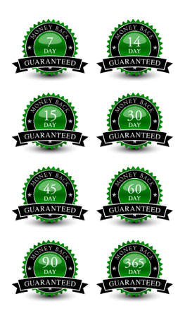 Green powerful, reliable emblem seal money back guaranteed badge set with black ribbon on top.のイラスト素材