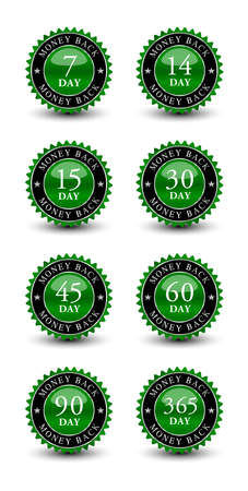 Green powerful, reliable emblem seal money back guaranteed badge set.のイラスト素材