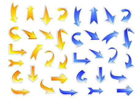Abstract Blue and Orange colored two arrow set pointing at various directions. 3d styled by using modern line art illustration.のイラスト素材