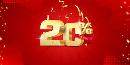 20% 3D discount banner with ribbon and confetti on red abstract backgroundのイラスト素材