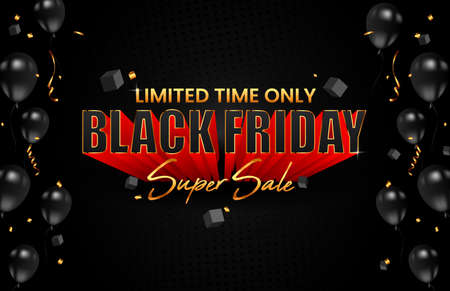 Limited Time Black Friday super sale 3D illustration, with a group of balloons and 3D objects. Vector ad illustration.のイラスト素材