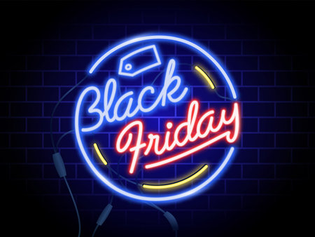 Black Friday neon banner. with typography design. Vector Illustration.のイラスト素材