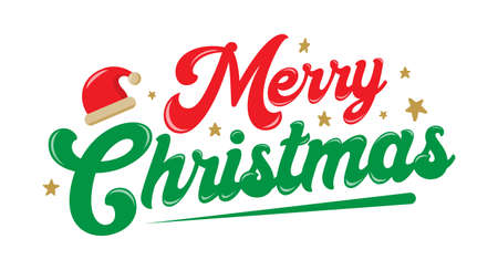 Merry Christmas cheerful fun calligraphy lettering design with Christmas hat and stars. Xmas holiday typography.のイラスト素材