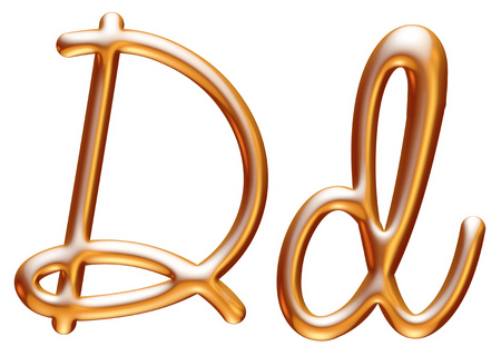 3d golden letter D isolated white backgroundの写真素材
