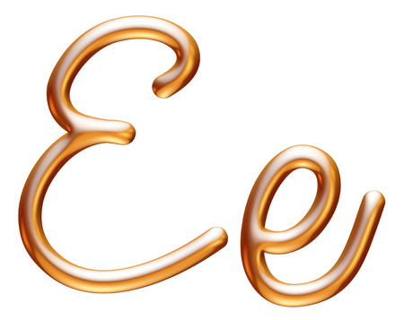 3d golden letter E isolated white backgroundの写真素材