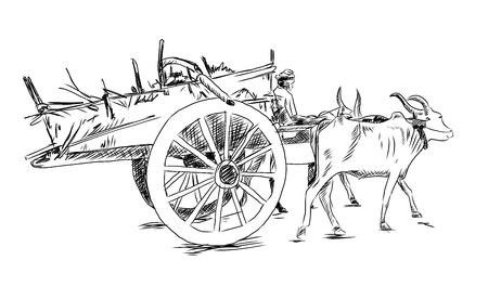 Hand drawn sketch of bullock cart in vector illustration.のイラスト素材