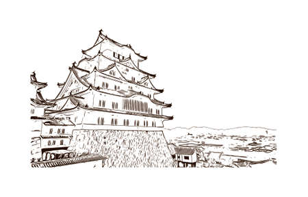 Building view with landmark of Himeji Castle is a hilltop Japanese castle complex situated in the city of Himeji. Hand drawn sketch illustration in vector.のイラスト素材