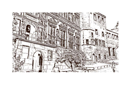 Building view with landmark of Heidelberg Castle is a ruin in Germany and landmark of Heidelberg. Hand drawn sketch illustration in vector.のイラスト素材