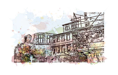 Building view with landmark of Heidelberg Castle is a ruin in Germany and landmark of Heidelberg. Watercolor splash with hand drawn sketch illustration in vector.のイラスト素材