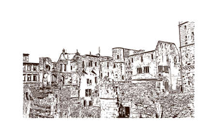 Building view with landmark of Heidelberg Castle is a ruin in Germany and landmark of Heidelberg. Hand drawn sketch illustration in vector.のイラスト素材