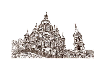 Building view with landmark of Helsinki is the sustainable capital of Finland. Hand drawn sketch illustration in vector.のイラスト素材