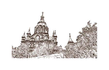 Building view with landmark of Helsinki is the sustainable capital of Finland. Hand drawn sketch illustration in vector.のイラスト素材