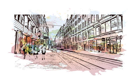 Building view with landmark of Helsinki is the sustainable capital of Finland. Watercolor splash with hand drawn sketch illustration in vector.のイラスト素材