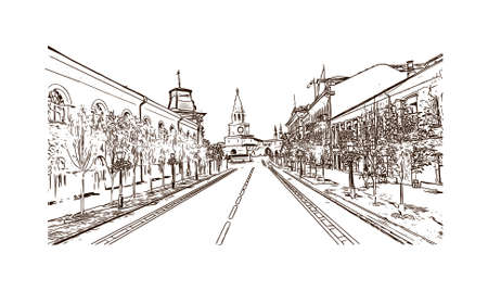 Building view with landmark of Kazan is the capital and largest city of the Republic of Tatarstan, Russia. Hand drawn sketch illustration in vector.のイラスト素材