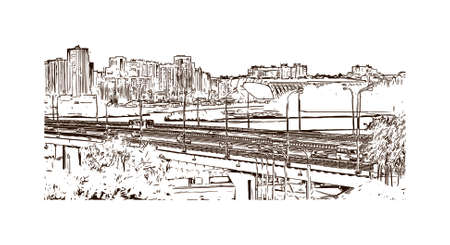 Building view with landmark of Kazan is the capital and largest city of the Republic of Tatarstan, Russia. Hand drawn sketch illustration in vector.のイラスト素材