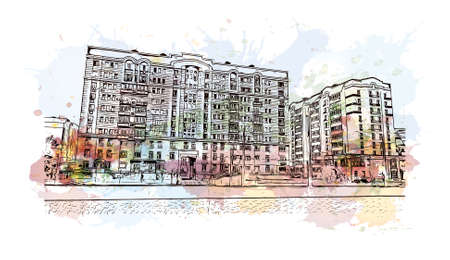 Building view with landmark of Kazan is the capital and largest city of the Republic of Tatarstan, Russia. Watercolor splash with hand drawn sketch illustration in vector.のイラスト素材