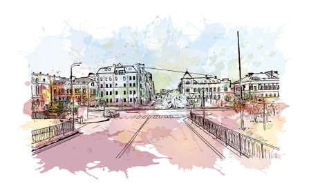 Building view with landmark of Kazan is the capital and largest city of the Republic of Tatarstan, Russia. Watercolor splash with hand drawn sketch illustration in vector.のイラスト素材