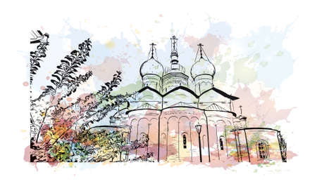 Building view with landmark of Kazan is the capital and largest city of the Republic of Tatarstan in Russia. Watercolor splash with hand drawn sketch illustration in vector.のイラスト素材