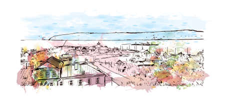 Building view with landmark of Kazan is the capital and largest city of the Republic of Tatarstan in Russia. Watercolor splash with hand drawn sketch illustration in vector.のイラスト素材