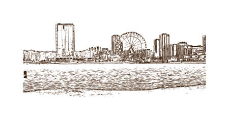 Building view with landmark of Kazan is the capital and largest city of the Republic of Tatarstan in Russia. Hand drawn sketch illustration in vector.のイラスト素材