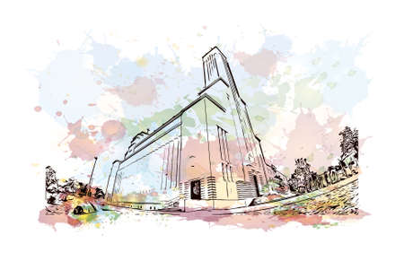 Building view with landmark of Kaunas is a city in Lithuania. Watercolor splash with hand drawn sketch illustration in vector.のイラスト素材