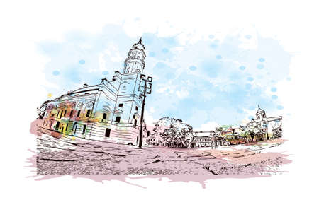Building view with landmark of Kaunas is a city in Lithuania. Watercolor splash with hand drawn sketch illustration in vector.のイラスト素材