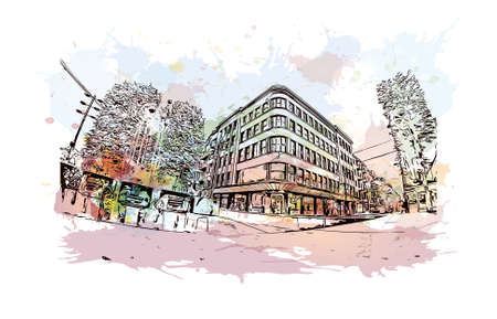 Building view with landmark of Kaunas is a city in Lithuania. Watercolor splash with hand drawn sketch illustration in vector.のイラスト素材