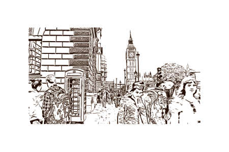 Building view with landmark of London is the capital and largest city of England and the United Kingdom. Hand drawn sketch illustration in vector.のイラスト素材