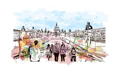 Building view with landmark of London is the capital and largest city of England and the United Kingdom. Watercolor splash with hand drawn sketch illustration in vector.のイラスト素材