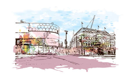 Building view with landmark of London is the capital and largest city of England and the United Kingdom. Watercolor splash with hand drawn sketch illustration in vector.のイラスト素材