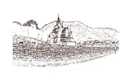 Building view with landmark of Flam is a village in the Flamsdalen valley which is located at the inner end of the Aurlandsfjorden. Hand drawn sketch illustration in vector.のイラスト素材