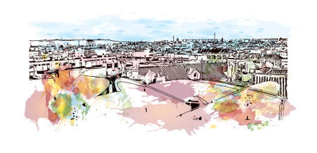Building view with landmark of Sevilla is a Spanish professional football club based in Seville. Watercolor splash with hand drawn sketch illustration in vector.のイラスト素材