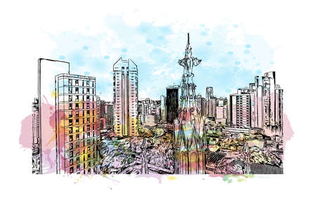 Building view with landmark of Belo Horizonte is the capital city of southeastern Brazil. Watercolor splash with hand drawn sketch illustration in vector.のイラスト素材
