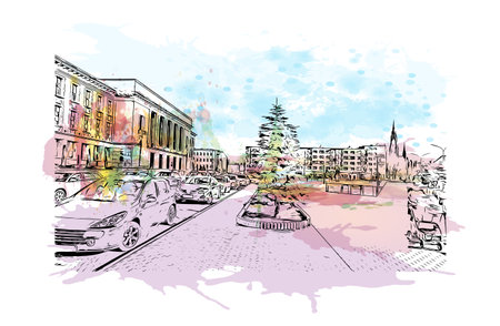 building view with landmark of Dabrowa Gornicza is the
city in Poland. Watercolour splash with hand drawn sketch illustration in vector.のイラスト素材