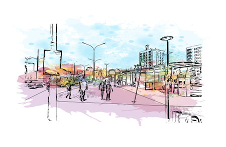 building view with landmark of Dabrowa Gornicza is the
city in Poland. Watercolour splash with hand drawn sketch illustration in vector.のイラスト素材