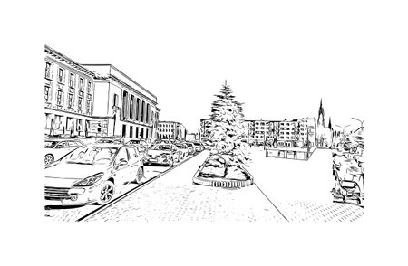 building view with landmark of Dabrowa Gornicza is the
city in Poland. Hand drawn sketch illustration in vector.のイラスト素材