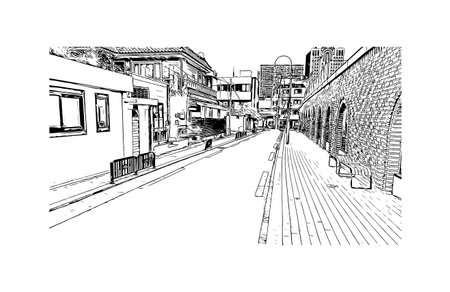 Building view with landmark of Daegu is the
city in South Korea. Hand drawn sketch illustration in vector.のイラスト素材