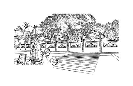 Building view with landmark of Daraga is the
Municipality in the Philippines. Hand drawn sketch illustration in vector.のイラスト素材