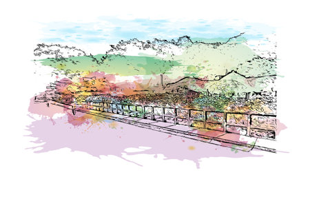 Building view with landmark of Daraga is the
Municipality in the Philippines. Watercolour splash with hand drawn sketch illustration in vector.のイラスト素材