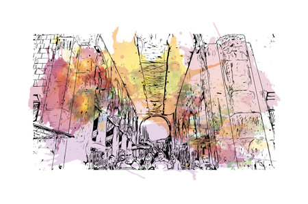 Building view with landmark of Damascus is the capital of Syria. Watercolour splash with hand drawn sketch illustration in vector.のイラスト素材